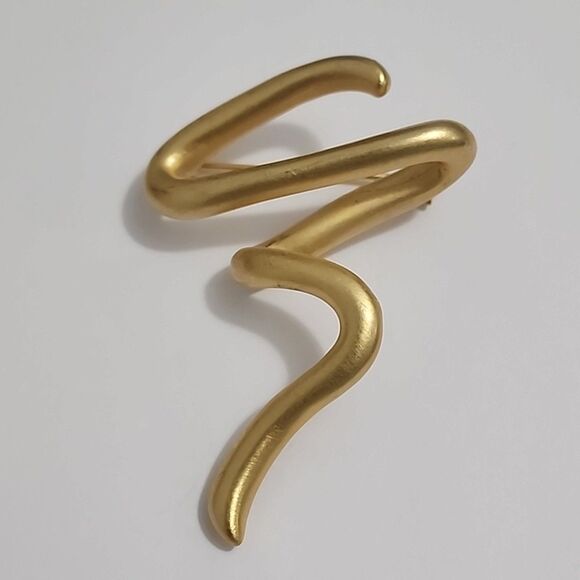 Brushed Gold Tone Signed C Squiggle Lightning bolt ZigZag Modernistic 2.5" Vtg - Picture 1 of 10